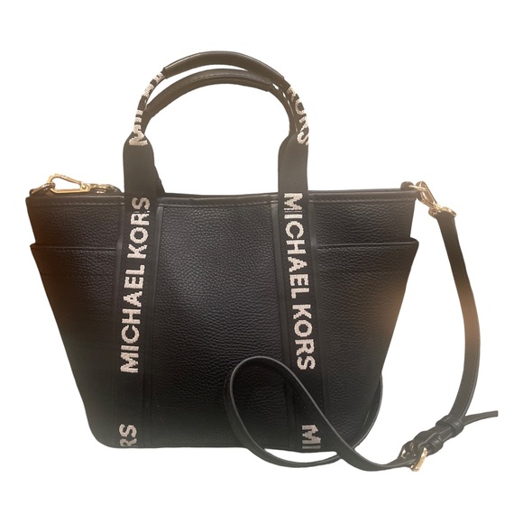 Michael Kors Maeve Black Pebbled Leather Satchel Tote with Logo Straps - Picture 2 of 13